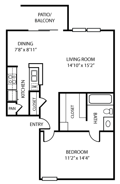 Floor plan for 1 bed, 1 bath, 751 sqft