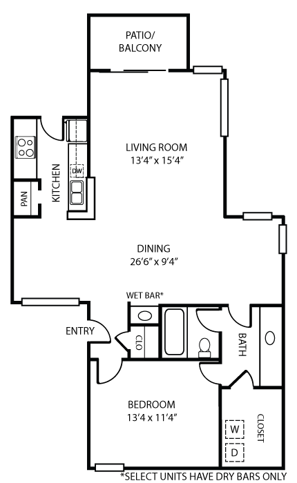 Floor plan for 1 bed, 1 bath, 913 sqft