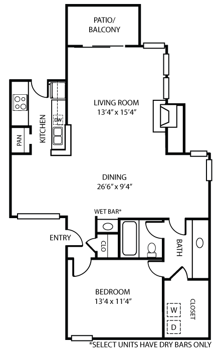 Floor plan for 1 bed, 1 bath, 913 sqft