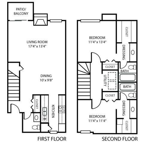 Floor plan for 2 beds, 2 baths, 1254 sqft