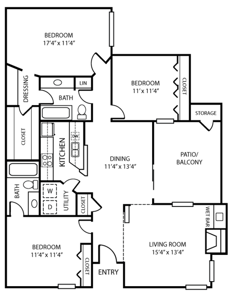 Floor plan for 3 beds, 2 baths, 1361 sqft
