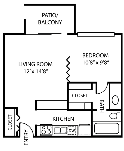 Floor plan for 1 bed, 1 bath, 506 sqft