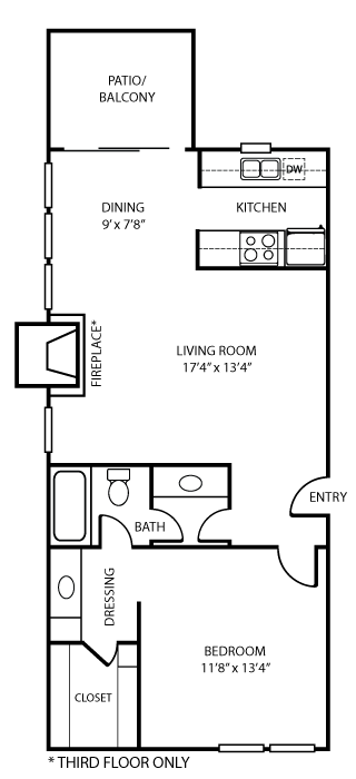 Floor plan for 1 bed, 1 bath, 752 sqft