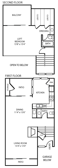 Floor plan for 1 bed, 1 bath, 1105 sqft