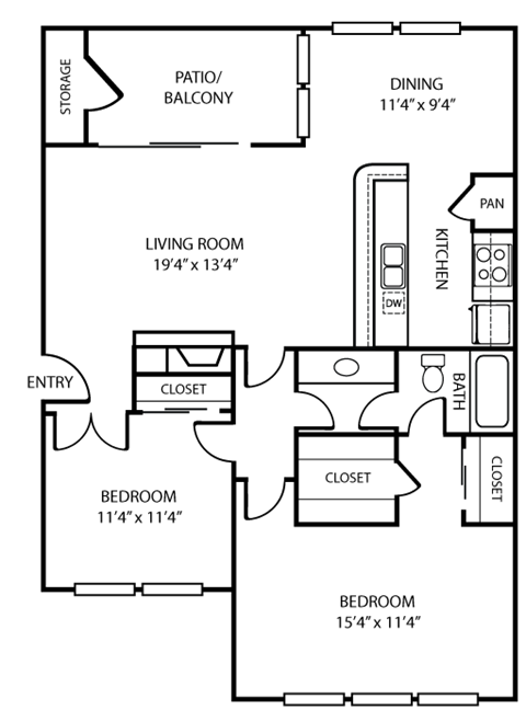 Floor plan for 2 beds, 1 bath, 1050 sqft