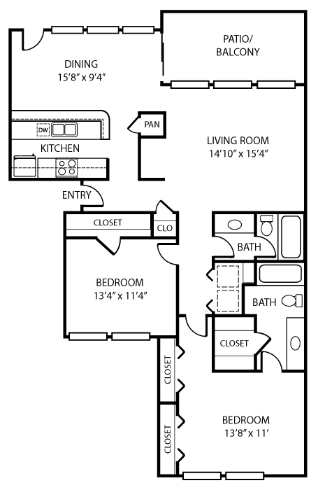 Floor plan for 2 beds, 2 baths, 1180 sqft