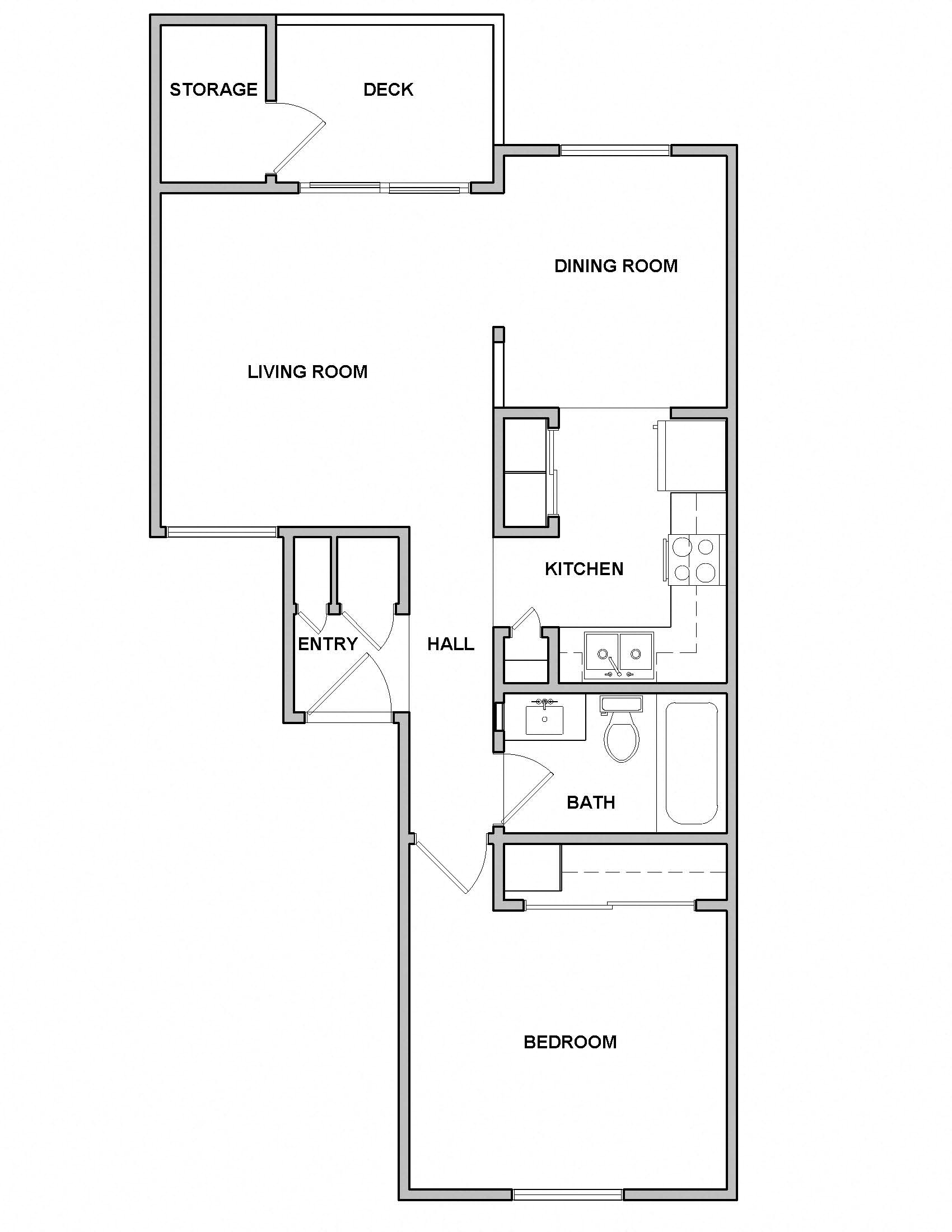 Floor plan for 1 bed, 1 bath, 540 sqft