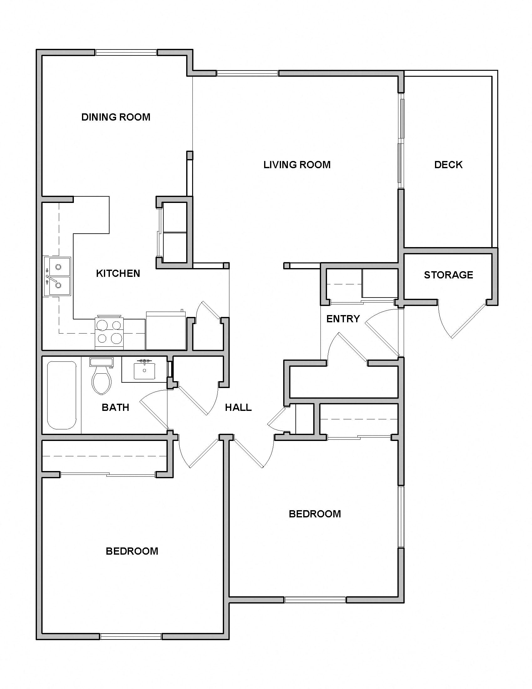 Floor plan for 2 beds, 1 bath, 780 sqft