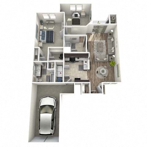 Floor plan for 1 bed, 2 baths, 1050 sqft