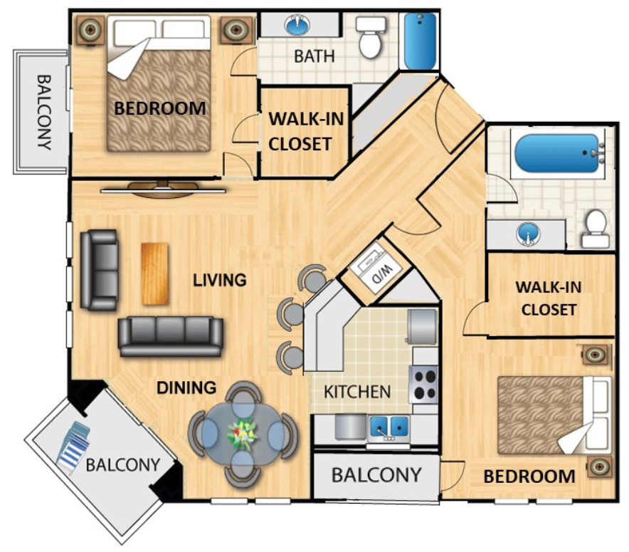 Floor plan for 2 beds, 2 baths, 1258 sqft