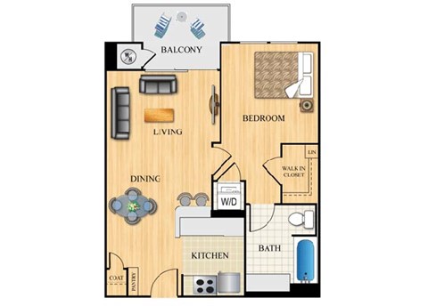 Floor plan for 1 bed, 1 bath, 646 sqft