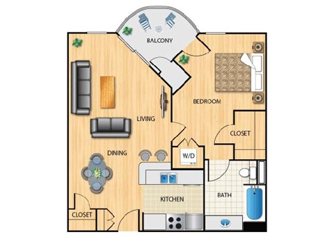Floor plan for 1 bed, 1 bath, 746 sqft