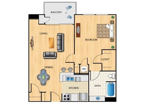 Floor plan for 1 bed, 1 bath, 644 sqft