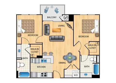 Floor plan for 2 beds, 2 baths, 1056 sqft