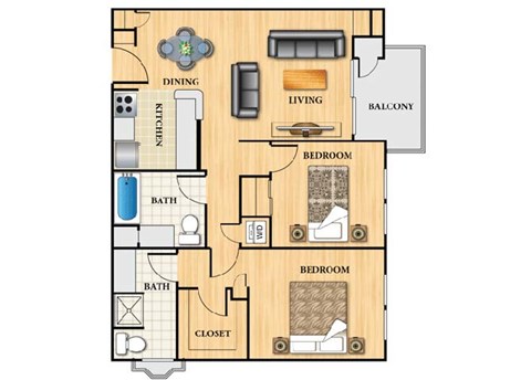 Floor plan for 2 beds, 2 baths, 1051 sqft