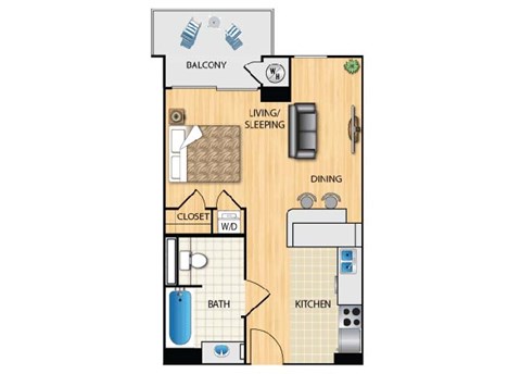 Floor plan for studio, 1 bath, 478 sqft