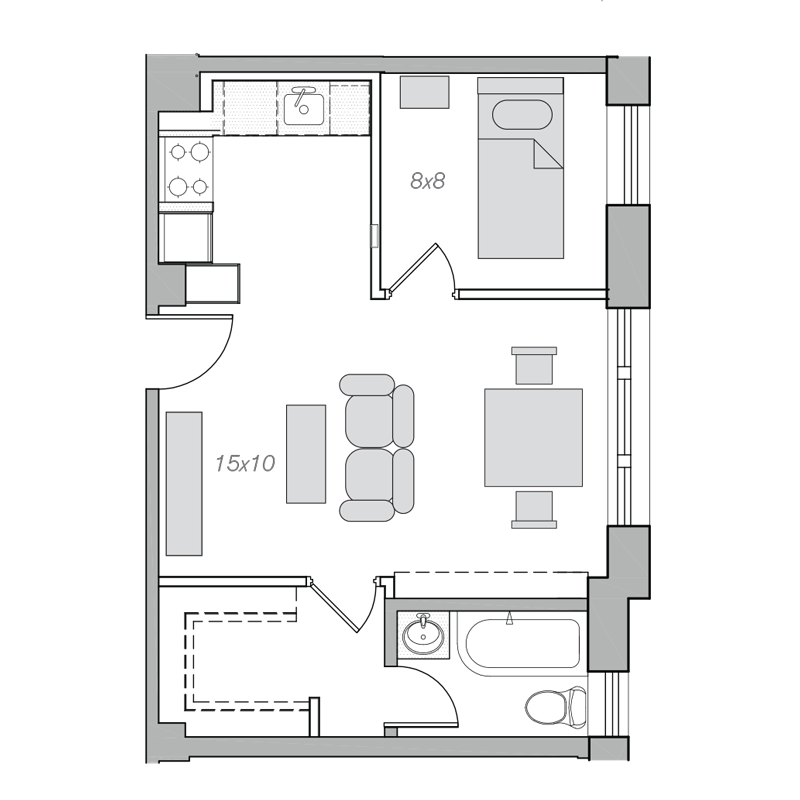 Floor plan for 1 bed, 1 bath, 500 sqft