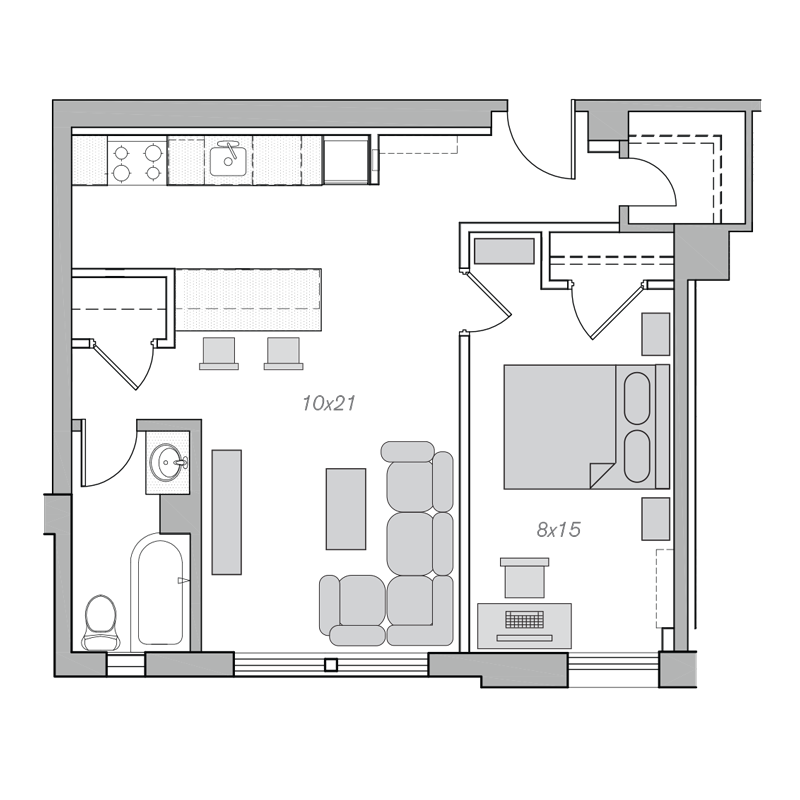 Floor plan for 1 bed, 1 bath, 713 sqft