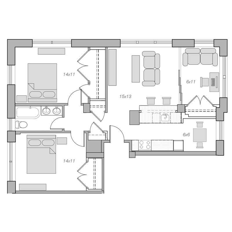 Floor plan for 2 beds, 1 bath, 1090 sqft