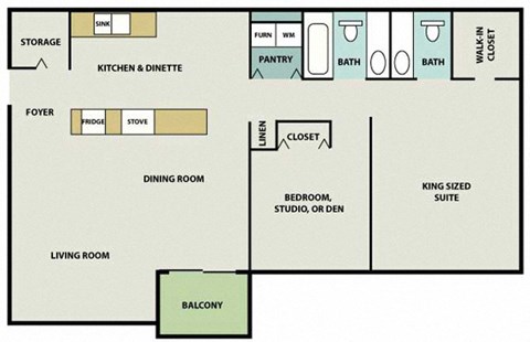 Floor plan for 2 beds, 1.5 baths, 951 sqft