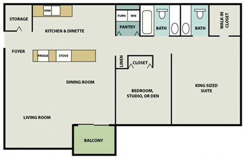Floor plan for 2 beds, 1.5 baths, 996 sqft