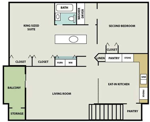 Floor plan for 2 beds, 1 bath, 1034 sqft