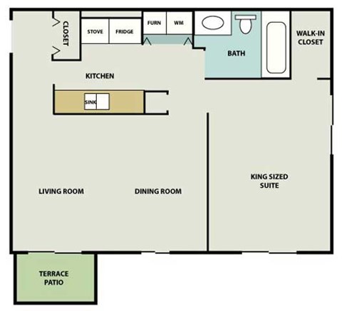 Floor plan for 1 bed, 1 bath, 640 sqft