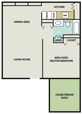 Floor plan for 1 bed, 1 bath, 576 sqft