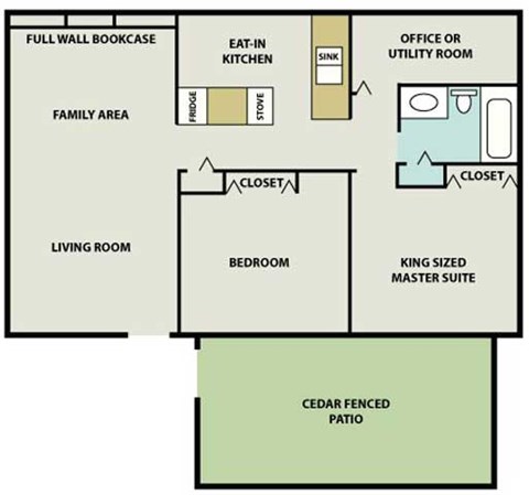 Floor plan for 2 beds, 1 bath, 864 sqft
