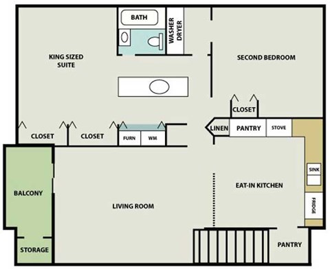 Floor plan for 2 beds, 1 bath, 1064 sqft
