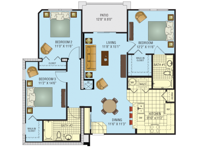 Floor plan for 3 beds, 2 baths, 1120 sqft