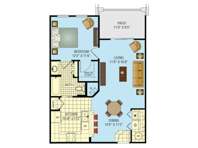 Floor plan for 1 bed, 1 bath, 676 sqft