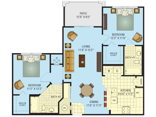 Floor plan for 2 beds, 2 baths, 941 sqft