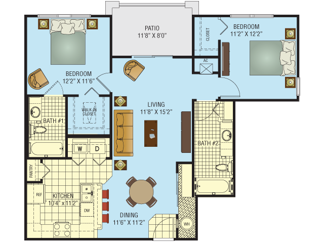 Floor plan for 2 beds, 2 baths, 941 sqft