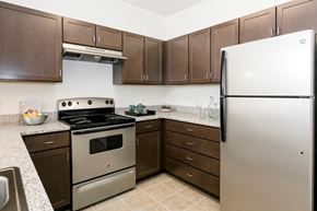 Orlando apartment for rent - a kitchen with stainless steel appliances and brown cabinets