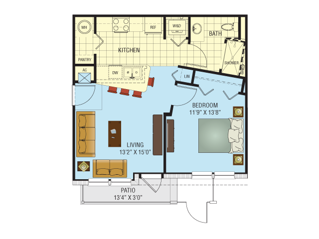 Floor plan for 1 bed, 1 bath, 676 sqft