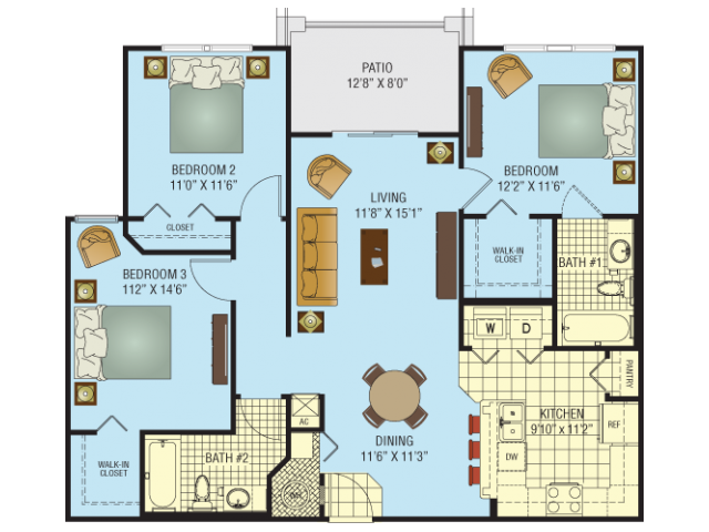 Floor plan for 3 beds, 2 baths, 1120 sqft