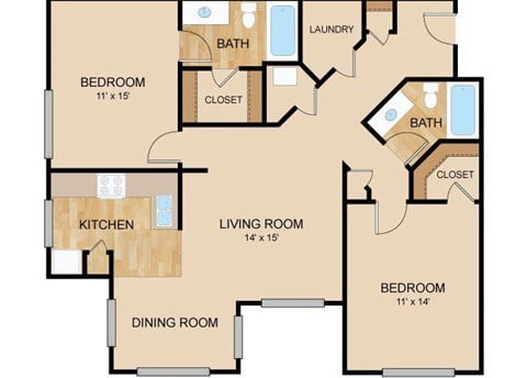Floor plan for 2 beds, 2 baths, 1150 sqft