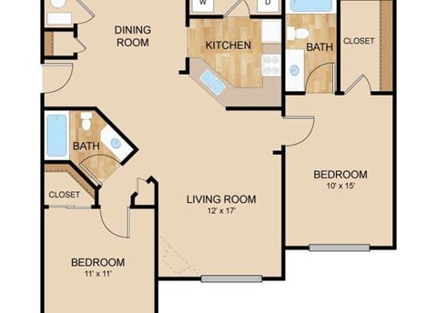 Floor plan for 2 beds, 2 baths, 1160 sqft