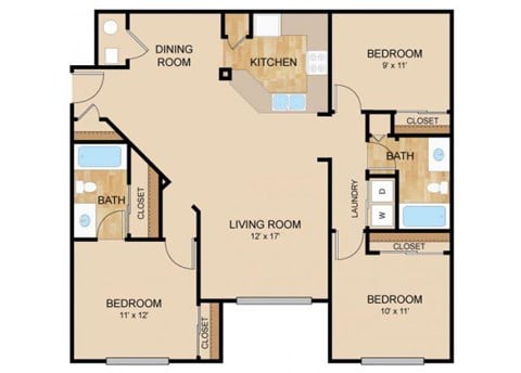 Floor plan for 3 beds, 2 baths, 1292 sqft