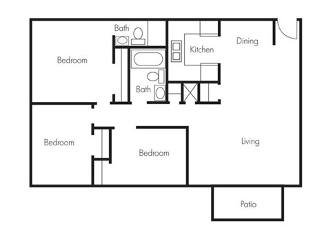 Floor plan for 3 beds, 2 baths, 1050 sqft