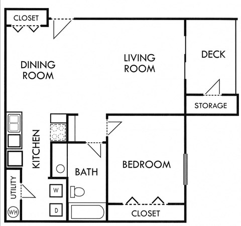 Floor plan for 1 bed, 1 bath, 740 sqft