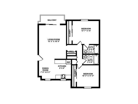 Floor plan for 2 beds, 2 baths, 1050 sqft