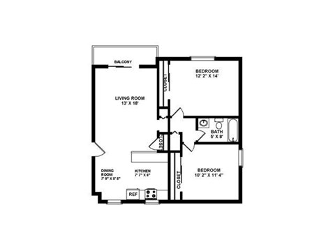 Floor plan for 2 beds, 1 bath, 950 sqft