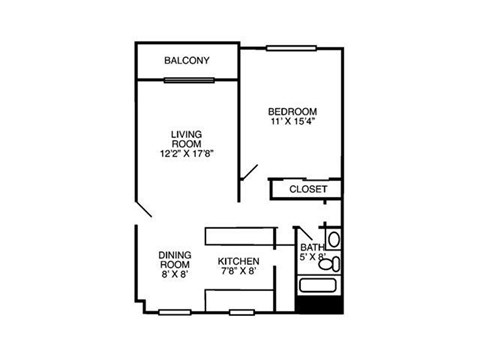 Floor plan for 1 bed, 1 bath, 780 sqft