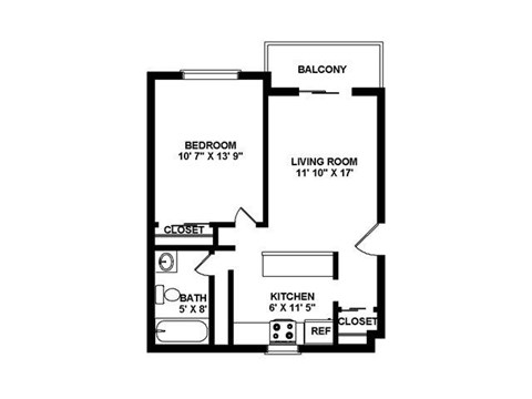 Floor plan for 1 bed, 1 bath, 700 sqft