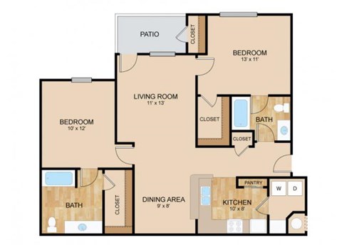 Floor plan for 2 beds, 2 baths, 1168 sqft