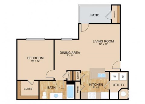 Floor plan for 1 bed, 1 bath, 750 sqft