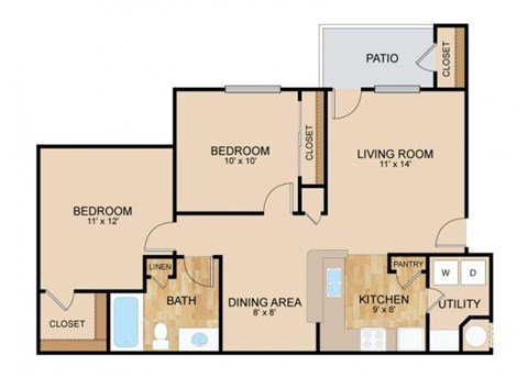 Floor plan for 2 beds, 1 bath, 926 sqft