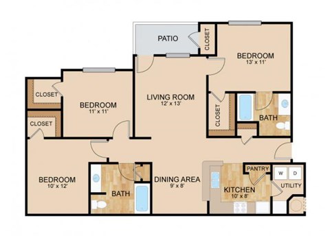 Floor plan for 3 beds, 2 baths, 1367 sqft
